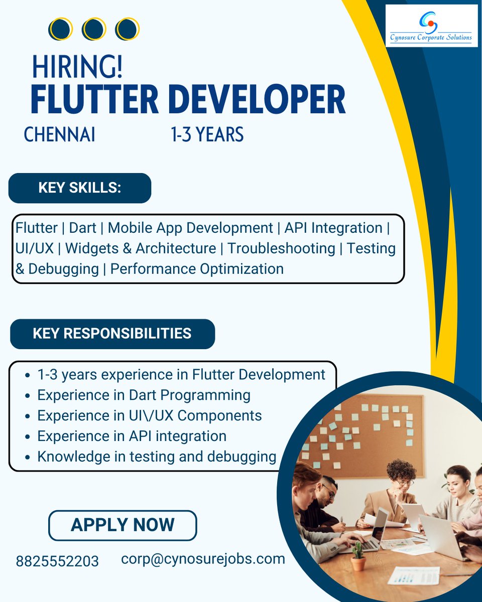 cynosurejobs's tweet image. Hello Everyone,

We are hiring a Flutter Developer
Experience: 1-3 years
Location: Chennai

Apply now: zurl.co/RqMpV
Email: corp@cynosurejobs.com
Contact: 8825552203

#Flutter #Dart #MobileApplicationDevelopment #APIIntegration #UIUXDesign #cynosurecorporatesolutions