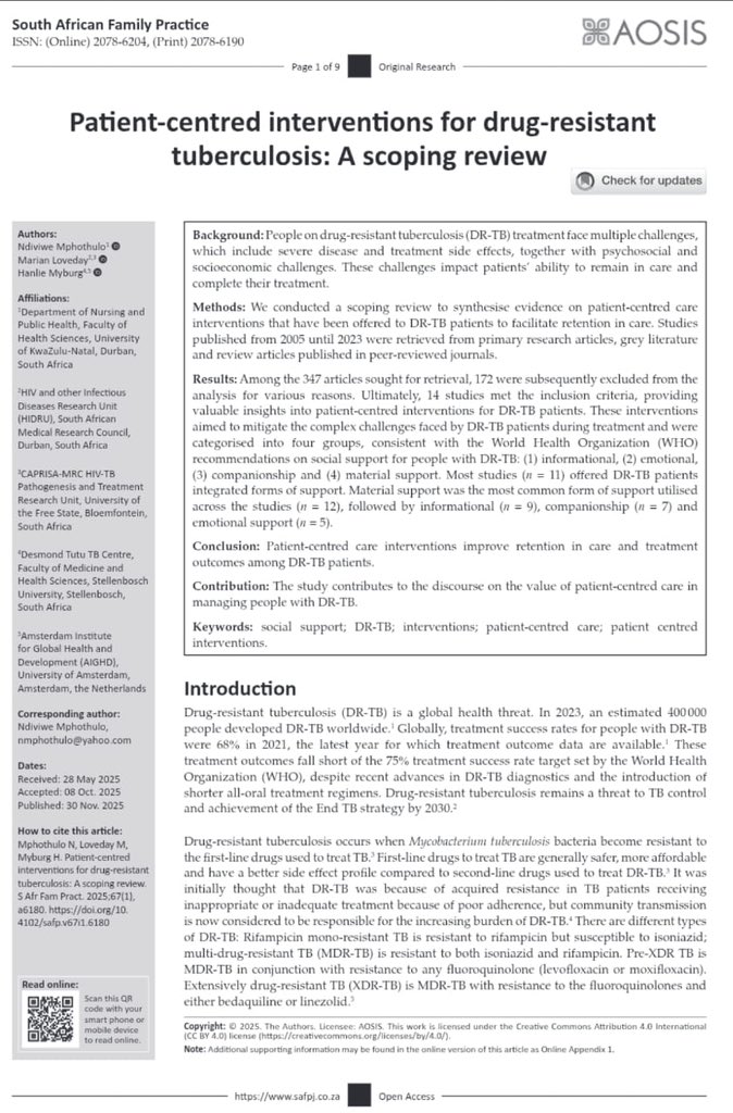 Nmphothulo's tweet image. Publication Alert 🚨 Scoping Review paper, the 2nd publication from my PhD thesis, is out! A promise kept to TB patients at Taung Subdistrict &amp;amp; MDR‑TB patients in DRSM District, NW (2004-2019). Vowed to be their voice, highlighting socioeconomic hurdles