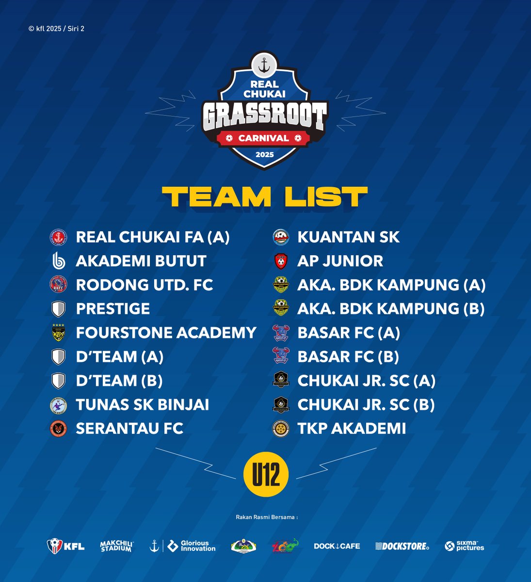 Senarai akhir 40 pasukan yang mengesahkan penyertaan di 𝐑𝐞𝐚𝐥 𝐂𝐡𝐮𝐤𝐚𝐢 𝐆𝐫𝐚𝐬𝐬𝐫𝐨𝐨𝐭 𝐂𝐚𝐫𝐧𝐢𝐯𝐚𝐥 𝟐𝟎𝟐𝟓 / 𝐒𝐢𝐫𝐢 𝟐 hujung minggu ini di Mak Chili Stadium.

🏆 Kategori U8 &amp; U10 – Jumaat, 5 Dis 2025
🏆 Kategori U12 – Sabtu, 6 Dis 2025

#KFL