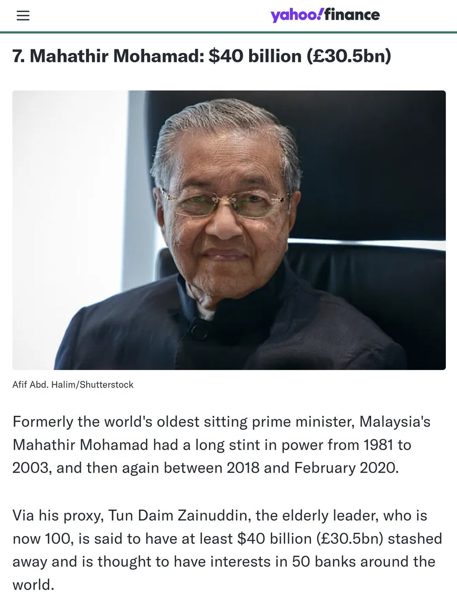 Yahoo Finance keluarkan list pemimpin TERKAYA dalam sejarah manusia‼️

1. Muammar Gaddafi: $280 billion
2. Vladimir Putin: $258 billion
3. Hosni Mubarak: $98 billion
4. Ali Abdullah Saleh: $82 billion
5. Suharto: $58 billion
6. Ferdinand Marcos: $53 billion
7. Mahathir Mohd: $40