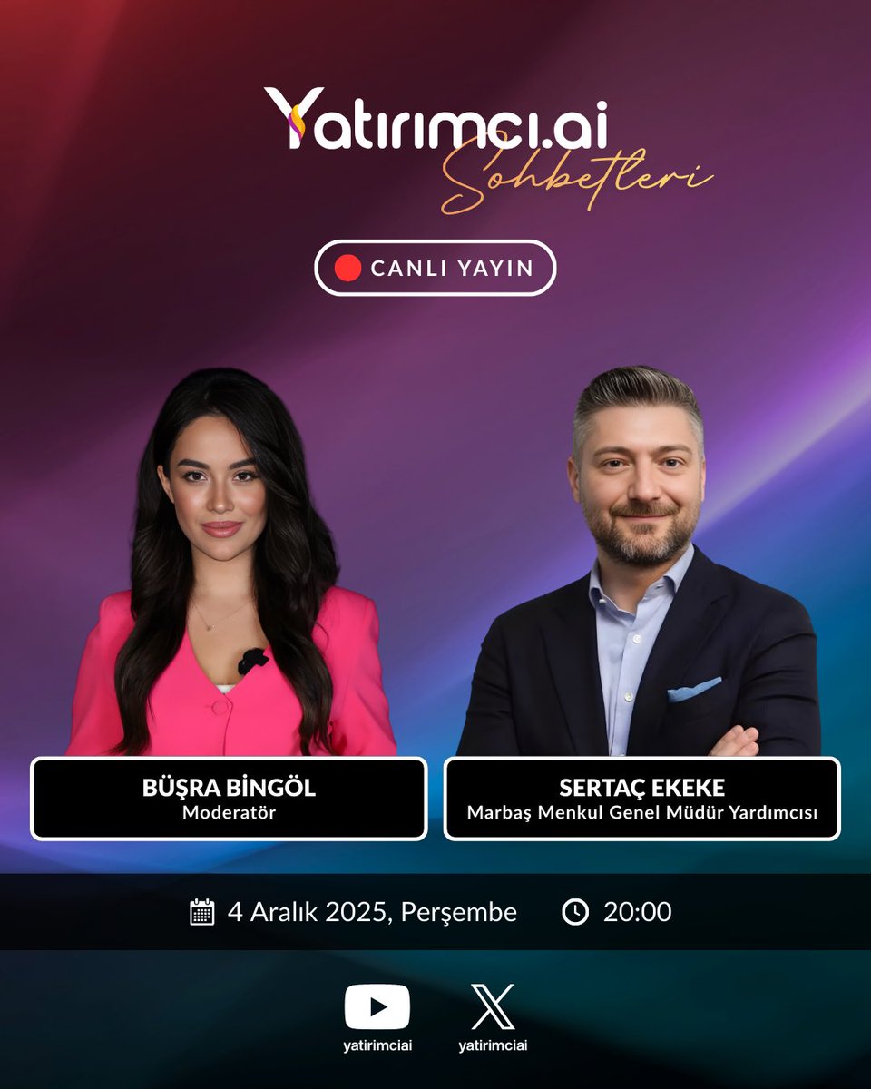 Bu hafta Yatirimci.AI Sohbetleri’nde moderatörümüz <a href="/BusraaaBingol/">Büşra Bingöl</a> değerli piyasa uzmanlarıyla piyasaların yönünü, kritik seviyeleri ve yatırımcıların merak ettiği başlıkları ele alıyor.

🗓️ Salı – 2 Aralık | 20:45
Selçuk Gönençler <a href="/xtraderx_/">Selçuk Gönençler</a> 

🗓️ Çarşamba – 3 Aralık |