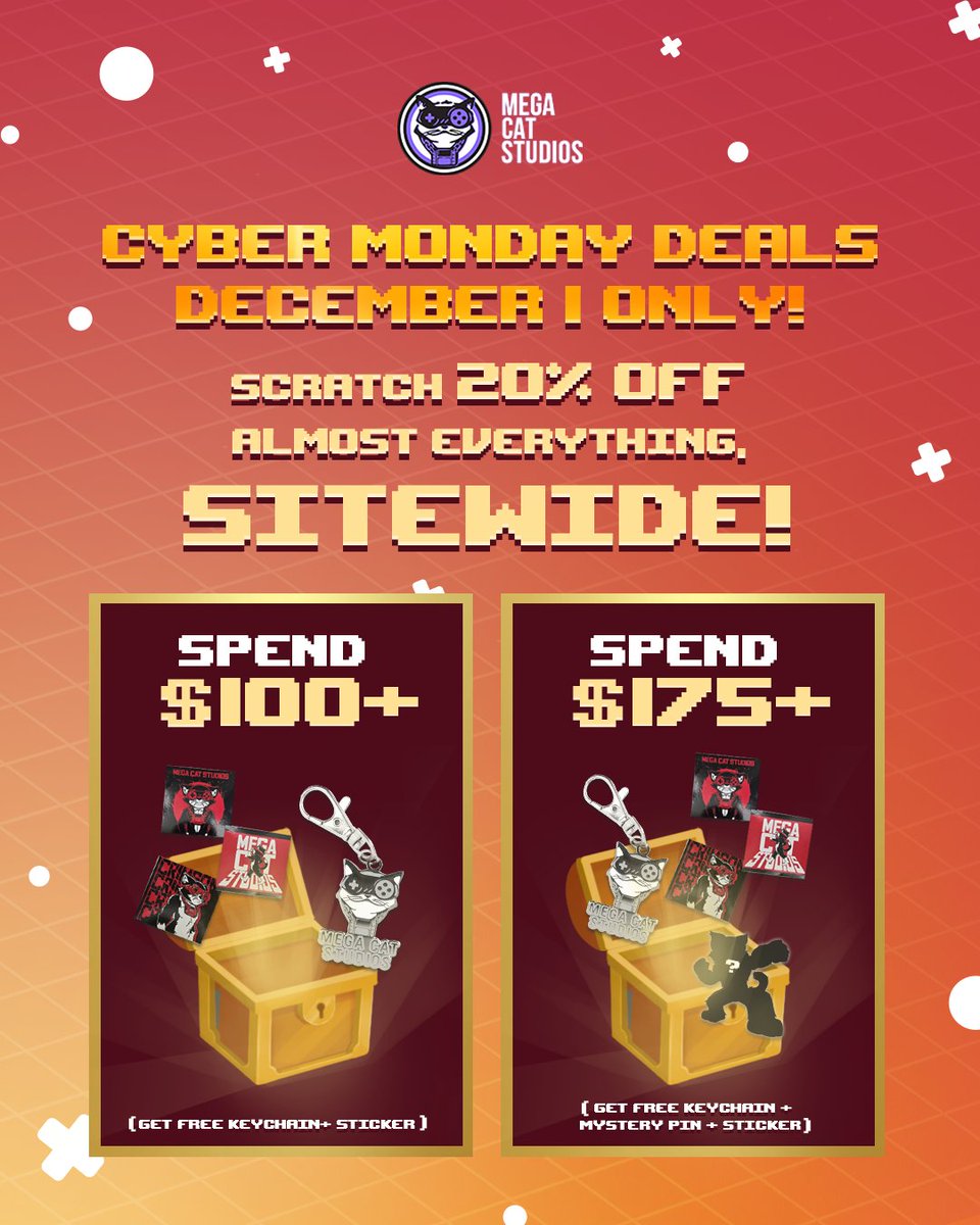megacatstudios's tweet image. Last chance to grab the final loot drop of the season!

#CyberMonday is here! Score 20% off almost everything and snag freebies like Mega Cat keychains and game pins.

Shop now: bit.ly/MCSBFCM2025