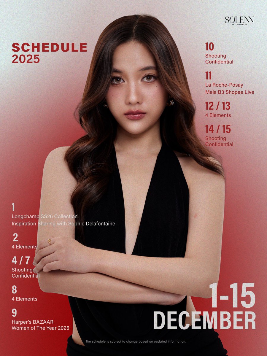 Solenn_Ent's tweet image. ตารางงาน ฟรีน สโรชา เดือนธันวาคม  2568 💫

หมายเหตุ : ตารางงานอาจมีการเปลี่ยนแปลงตามข้อมูลที่อัปเดต
—————————
Freen Sarocha’s Monthly Schedule –   December 2025💫

The schedule is subject to change based on updated information.

#solennEntertainment #srchafreen