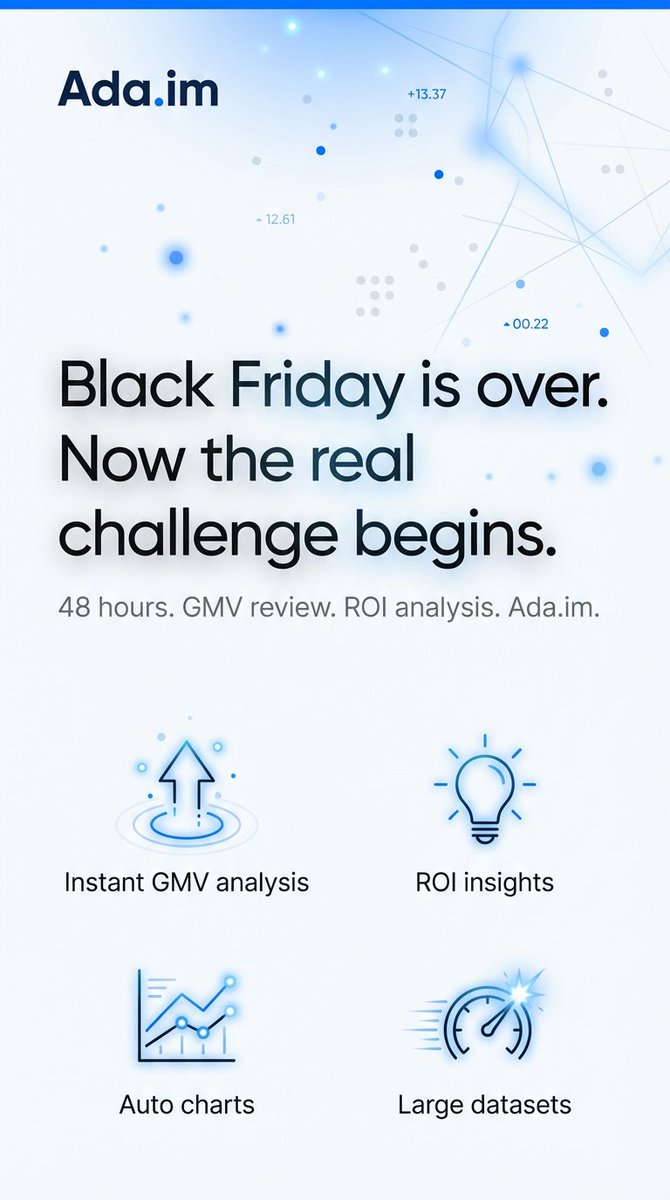 ada_dataanalyst's tweet image. Black Friday is over, but the real challenge just began.

It’s time to review your ad spend, GMV performance, winners, losers, and insights — and your boss wants a full report in 48 hours.

Don’t panic.

Upload your Excel → Ada.im instantly generates your…