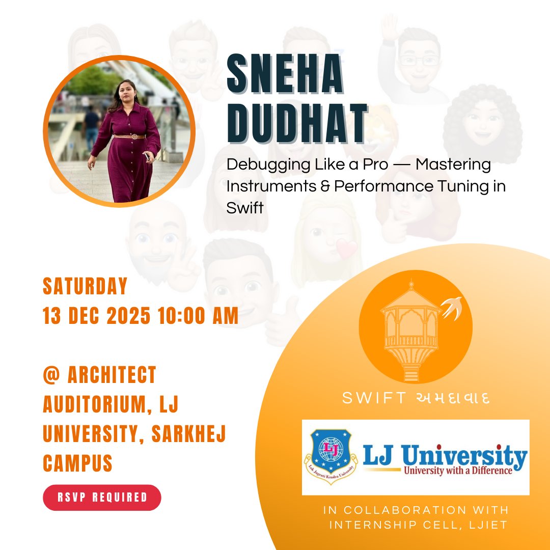 swift_ahmedabad's tweet image. Level up your Swift skills.

Join Sneha Dudhat at LJ University as she shares insights on Instruments, debugging, and performance tuning in Swift.

📅 13 Dec | 10 AM
RSVP: luma.com/kt8ofo7i