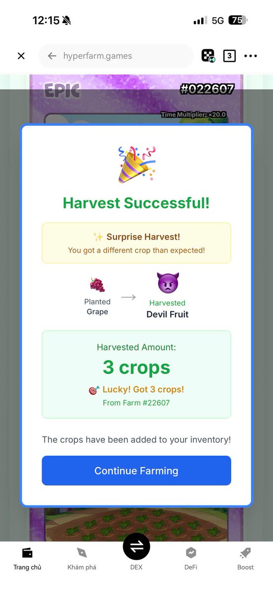 LuxkyVN's tweet photo. Today feels like a lucky day! 🍀
I played the game and managed to collect 3 Devil Fruits 😈😈😈, then sold them for $120 USD — all starting from just one grape worth about $2.6. 🍇➡️💰

Farming really pays off if you learn how to plant, grow, and manage your crops wisely. 🌱
Let’s talk about how you take care of your farms — strategies, tips, and what works best for you! 👇🔥

@HyperFarmGames 

#hyperfarm