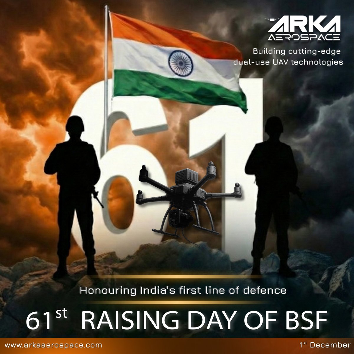 ArkaAerospace's tweet photo. On BSF Raising Day, we pay tribute to the brave men and women who stand as India’s first line of defense. 

Arka Aerospace remains committed to developing advanced technologies that empower those who protect our nation.

#BSFRaisingDay #JaiHind #India #BorderSecurityForce #drones https://t.co/HvQaQHhqhs