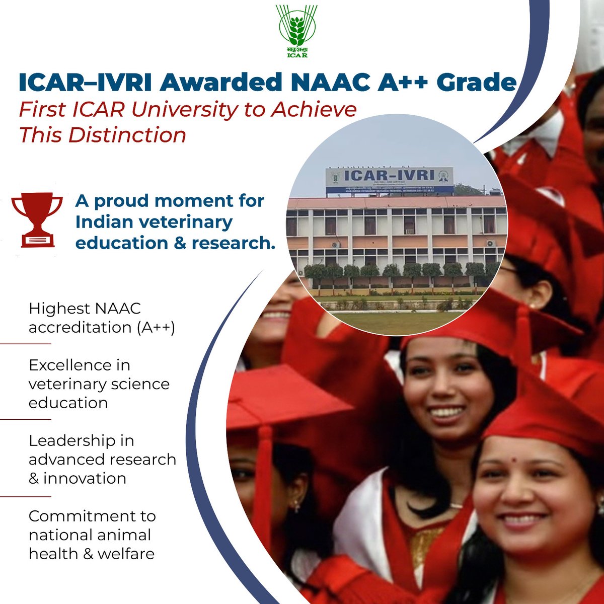 𝗜𝗖𝗔𝗥-𝗜𝗻𝗱𝗶𝗮𝗻 𝗩𝗲𝘁𝗲𝗿𝗶𝗻𝗮𝗿𝘆 𝗥𝗲𝘀𝗲𝗮𝗿𝗰𝗵 𝗜𝗻𝘀𝘁𝗶𝘁𝘂𝘁𝗲 becomes the 𝗳𝗶𝗿𝘀𝘁 𝗜𝗖𝗔𝗥 𝘂𝗻𝗶𝘃𝗲𝗿𝘀𝗶𝘁𝘆 to receive the 𝗡𝗔𝗔𝗖 𝗔++ 𝗚𝗿𝗮𝗱𝗲, setting new benchmarks in veterinary education &amp; research.
Proud moment for #ICAR family!
<a href="/ChouhanShivraj/">Shivraj Singh Chouhan</a>