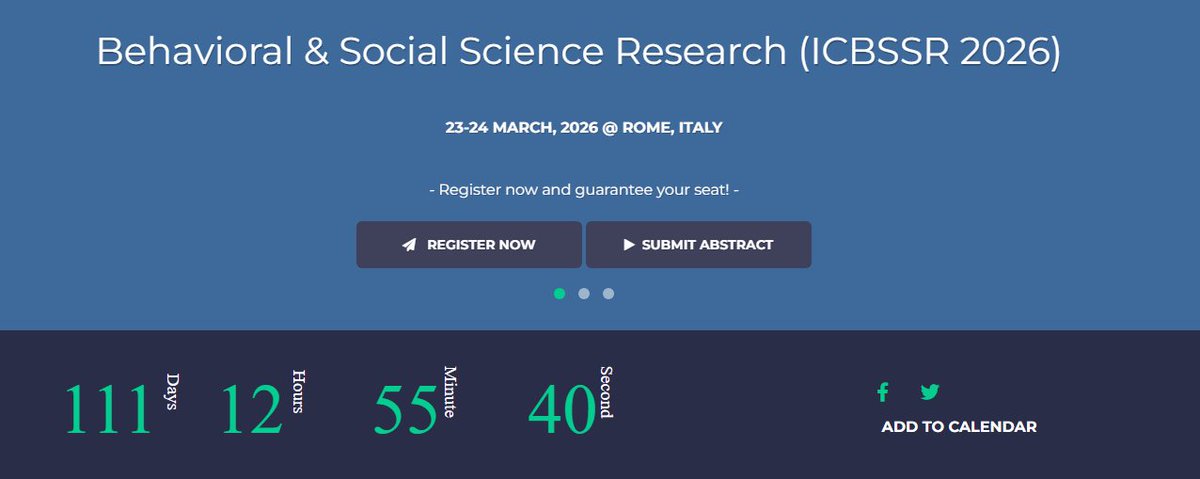 ICBSSR_2026's tweet image. Mid Registration Ends Dec 22, 2025!

Join us at the ICBSSR 2026 a Hybrid Event in Rome on March 23–24, 2026

Don’t miss your chance to be part of a global gathering of leading minds in behavioral &amp;amp; social sciences

Register now: icbssr.com/registrations

#ICBSSR #BehavioralScience