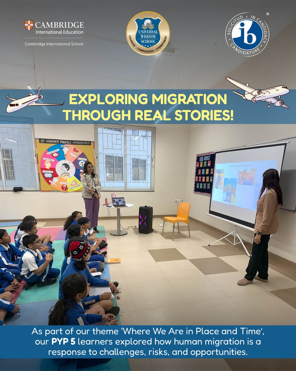 universal_ib's tweet image. Exploring Migration Through Real Stories! ✈️
As part of the theme ‘Where We Are in Place and Time’, PYP 5 learners explored migration through Ms. Tanveen&apos;s real life story, its challenges, risks &amp;amp; opportunities. 🌍💬

#UniversalWisdomSchool #PYP #InquiryBasedLearning