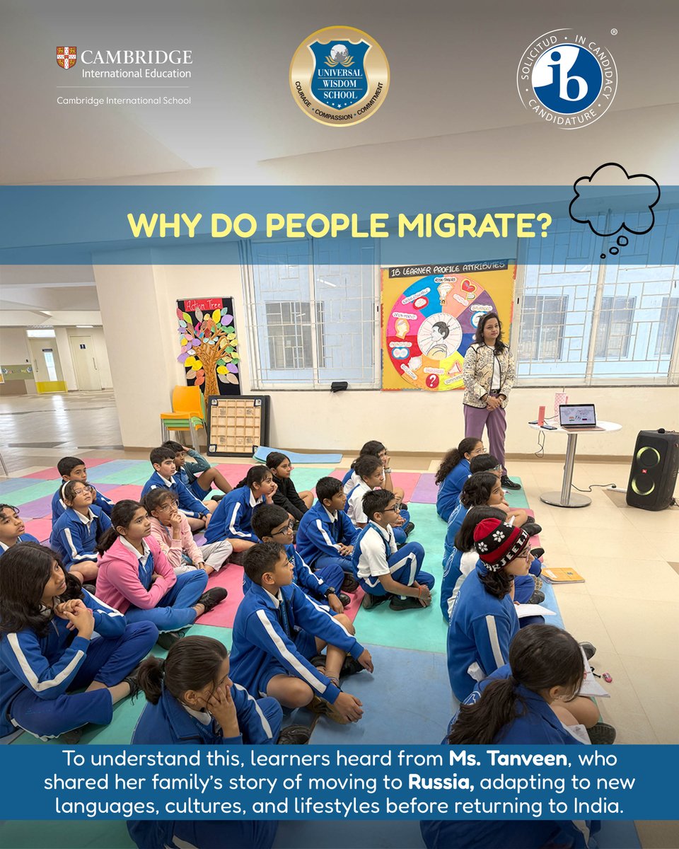 universal_ib's tweet image. Exploring Migration Through Real Stories! ✈️
As part of the theme ‘Where We Are in Place and Time’, PYP 5 learners explored migration through Ms. Tanveen&apos;s real life story, its challenges, risks &amp;amp; opportunities. 🌍💬

#UniversalWisdomSchool #PYP #InquiryBasedLearning