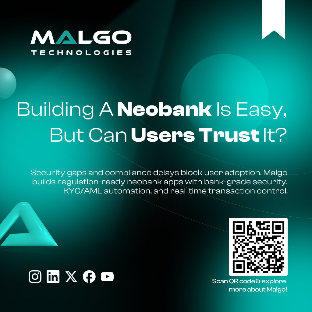 malgotech's tweet photo. Building a neobank is easy. Earning user trust is the real challenge.
#Malgo develops secure, compliance-ready neobank apps with KYC/AML automation and bank-grade security

🔗https://t.co/jpO8gBmnaE

#NeobankDevelopment #FintechSoftware #DigitalBanking #NeobankApp #FintechStartup https://t.co/McGdrd1IuS