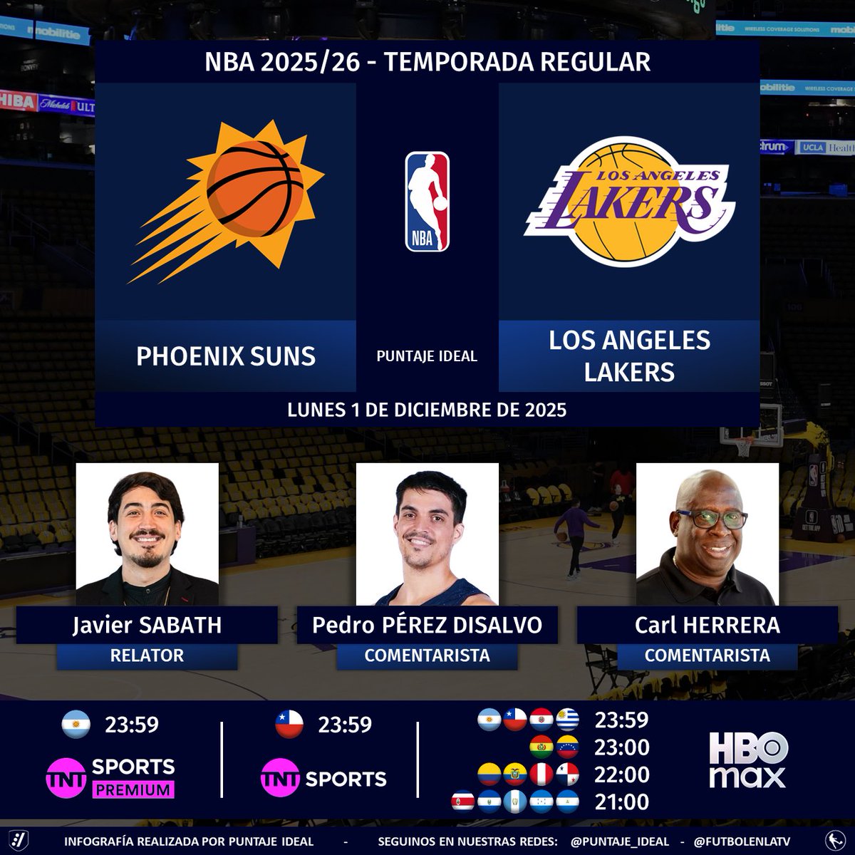 🏀 #NBA | #Suns vs. #Lakers 
🎙 Relator: <a href="/javsabath/">Javier Sabath</a> 
🎙 Comentaristas: <a href="/pedroperezdi/">Pedro Pérez Disalvo</a> - <a href="/carlh1107/">Carl V. Herrera</a> 
📺 <a href="/TNTSportsAR/">TNT Sports Argentina</a> Argentina 🇦🇷
📺 <a href="/TNTSportsCL/">TNT Sports Chile</a> Chile 🇨🇱 (básico)
💻📱 <a href="/StreamMaxLA/">HBO Max Latinoamérica</a> Sudamérica y Centroamérica
🤳 #NBAxTNTSports - #HBOMax 
Dale RT 🔃