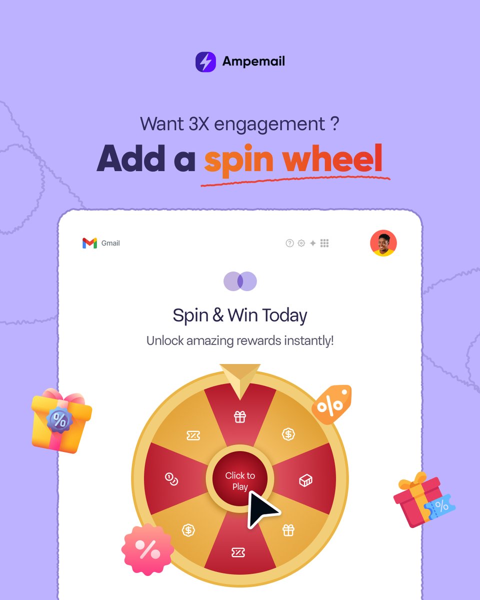 Ampemail's tweet image. Boost your email engagement the fun way! 🎯
Add a Spin Wheel inside your emails and turn opens into instant interactions.
Ready to gamify your next campaign? 🚀

#ampemail #interactiveEmail #emailmarketing