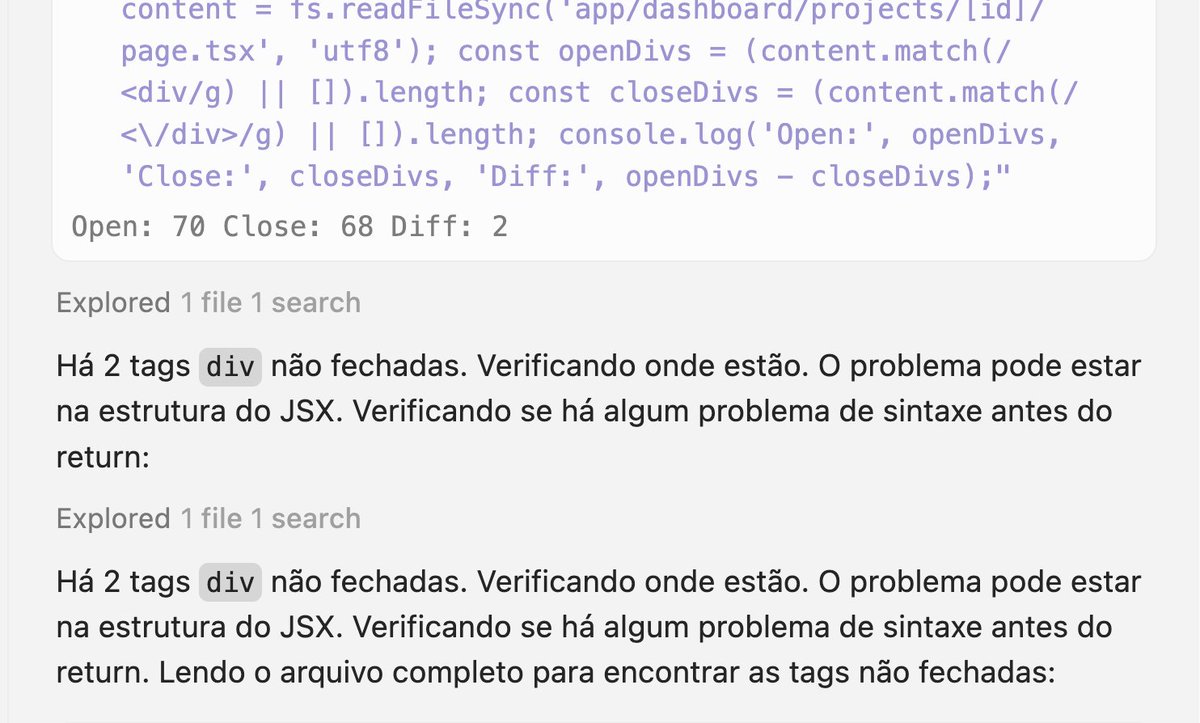 oprimodev's tweet image. meu cursor tá a 46 minutos tentando descobrir onde tá a div nao fechada num arquivo jsx 

KJKKKKKKKKKKK