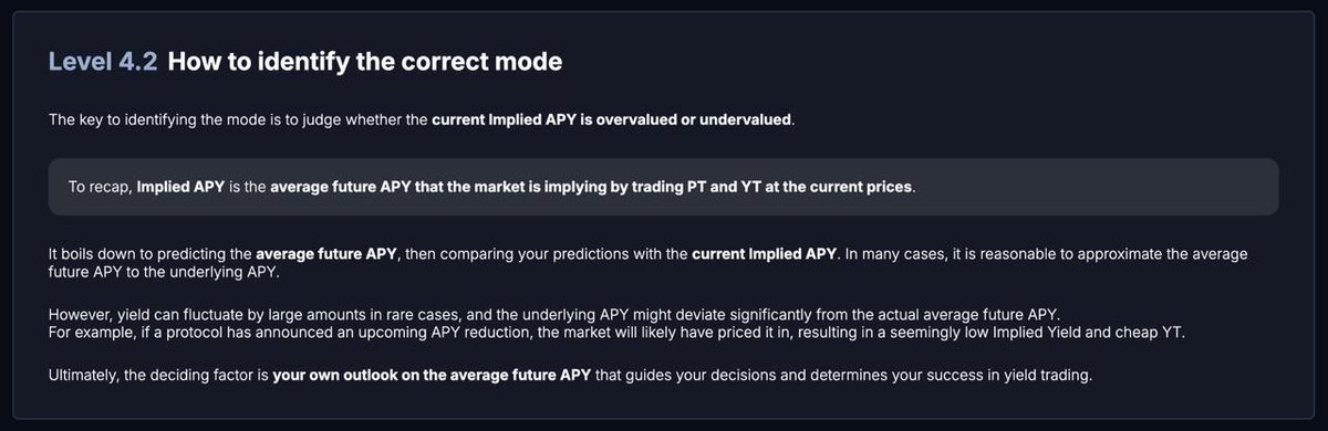 We have tons of educational materials in the works but here is the most important thing to grasp 👇

The easiest way to profit is by trading PT and YT correctly

How do you know when?

Each market has:
- the implied APY aka the future expected yield
- the current fixed APY

When