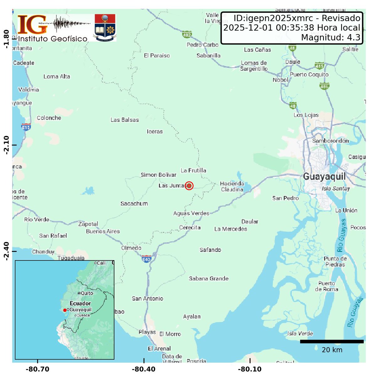 IGecuador's tweet photo. [REVISADO]
Evento: igepn2025xmrc
Ocurrido: 2025-12-01 00:35:38
Mag.: 4.3MLv
Prof.: 55.0 km
Lat.: 2.215° S
Long.: 80.272° W
Localizado: a 30.31 km de Santa Elena, Santa Elena
Sintió este sismo? Repórtelo: https://t.co/56XIqYHNTD https://t.co/OahPjdsDQm