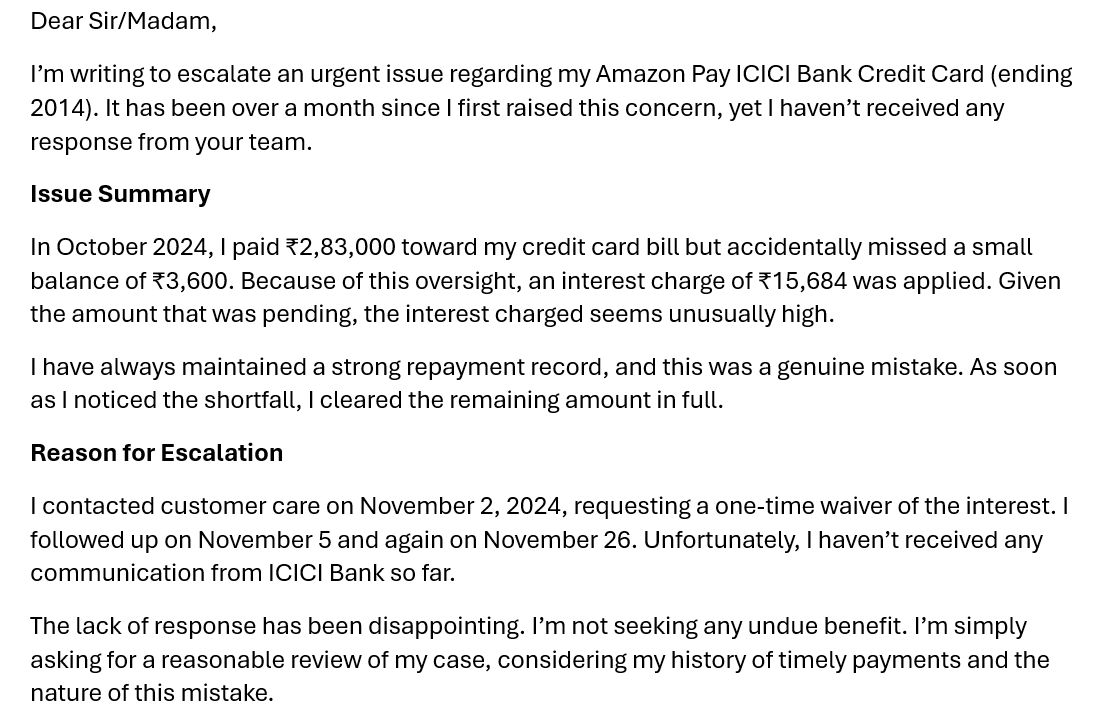 DharmRanaa's tweet photo. @ICICIBank @ICICIBank_Care 
Dear Sir/Madam
I’m writing to escalate an urgent issue regarding my Amazon Pay ICICI Bank Credit Card ending 2014. It has been over a month since I first raised this concern,yet I haven’t received any response from your team.

Credit Card Number: 2014 https://t.co/DtcyyrOhzk