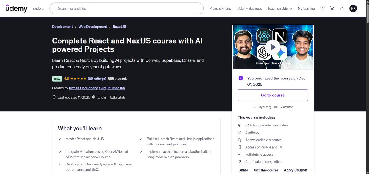 IamHimanshu_dev's tweet image. Levelling up my dev journey with a powerful React/Next.js AI course — includes real world production tools, payments, and full-stack setups. Ready to grind! 💻🔥

Thankyou for this course❤️ @Hiteshdotcom @surajtwt_ 

#Buildinpublic  #Nextjs #React #AI