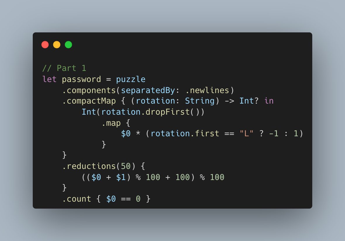 iamhands0me's tweet image. Day 1 - Advent of Code in Swift
✅✅ 1-liner

Let me introduce .reductions function
github.com/apple/swift-al…

#AdventOfCode #Swift @SwiftLang