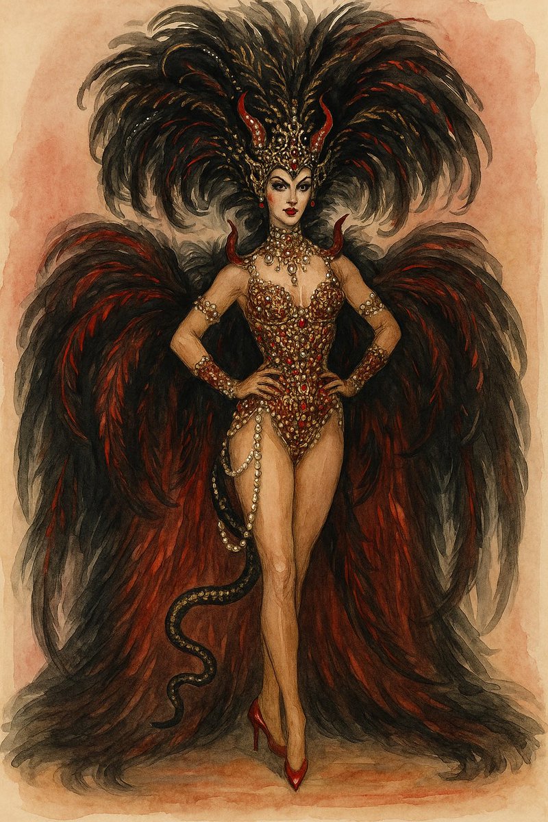 AvaStClaire's tweet image. 🔥 Beneath the celestial light lies a queen of embers —
a vision of seduction and danger, crowned in feathers and fire. 🔥

#ShowgirlSpectacle #CostumeIllustration #FantasyDesign #CabaretArt #KevieVision #TheGloryOfHeavenAndHell