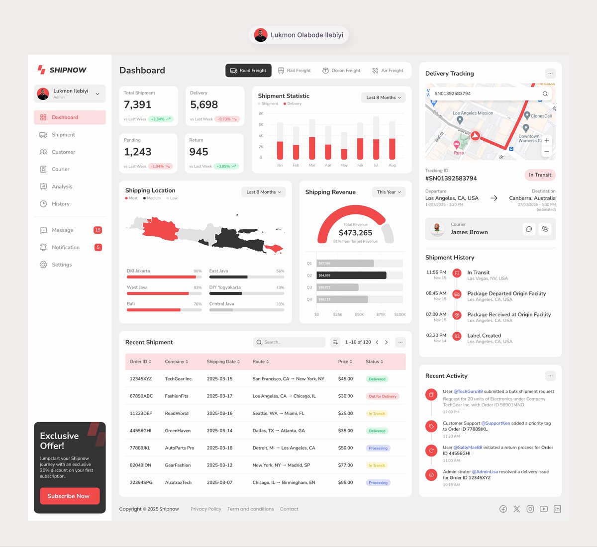 OlabodeUIUX's tweet image. I designed a clean and intuitive logistics dashboard for a smoother shipment-tracking experience 🚚✨

Focused on Clear insights, easy navigation, and everything businesses need in one place.

Need a UI/UX designer? Send a message or book a free call.