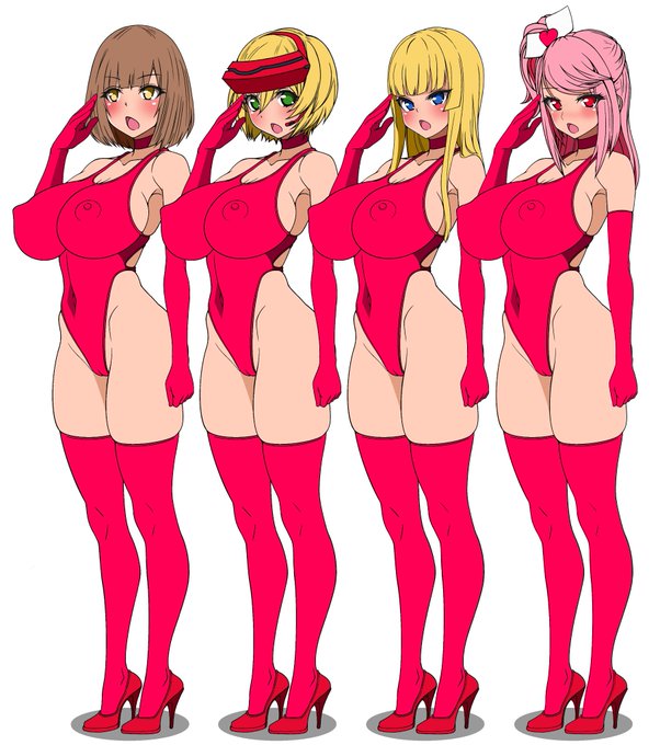 ハイグレ洗脳ガールズのやつ 4人目も描いたので一旦この辺で。 やっぱりこれくらい並んでた方が見栄えもいいよね。 右から、鏡華ちゃん、アカネさま、リューシャ、咲良です。