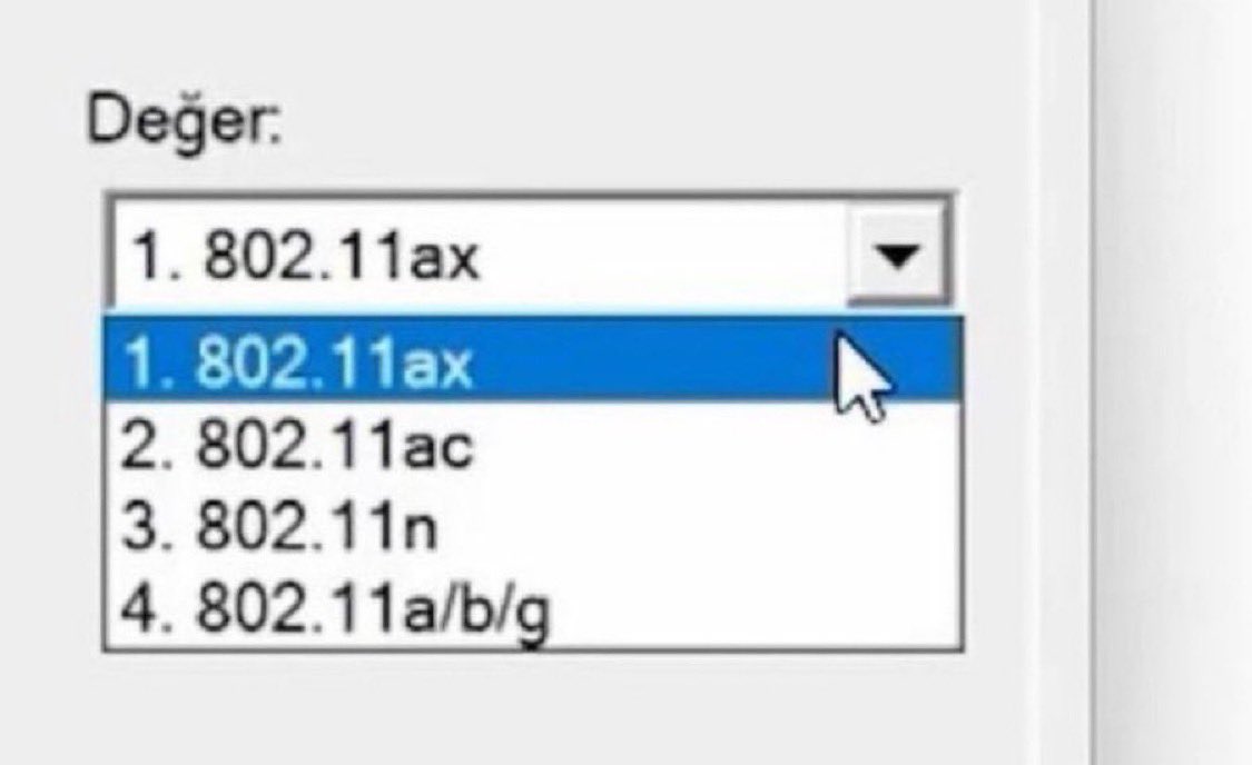 Eğer uzak mesafeden bağlanıyorsanız bunu seçiyorsunuz.

👉🏻 802.11n

Eğer 5 GHz fiber bir internet kullanıyorsanız bunu seçiyorsunuz.

👉🏻 802.11ac

Eğer kısa mesafede 2.4 GHz bir internet ağından maksimum performans almak istiyorsanız da bunu seçiyorsunuz.

👉🏻 802.11ax