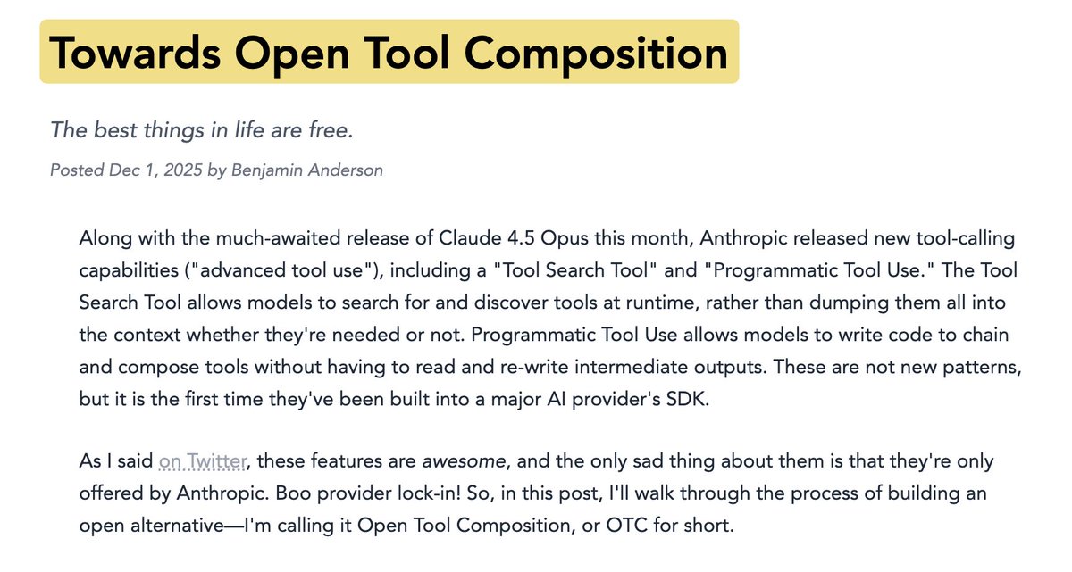 andersonbcdefg's tweet image. wake up babe new blog is out - on building an open source implementation of programmatic tool use / CodeAct / Code Mode

bonus: this is built in to lm-deluge now 🥹