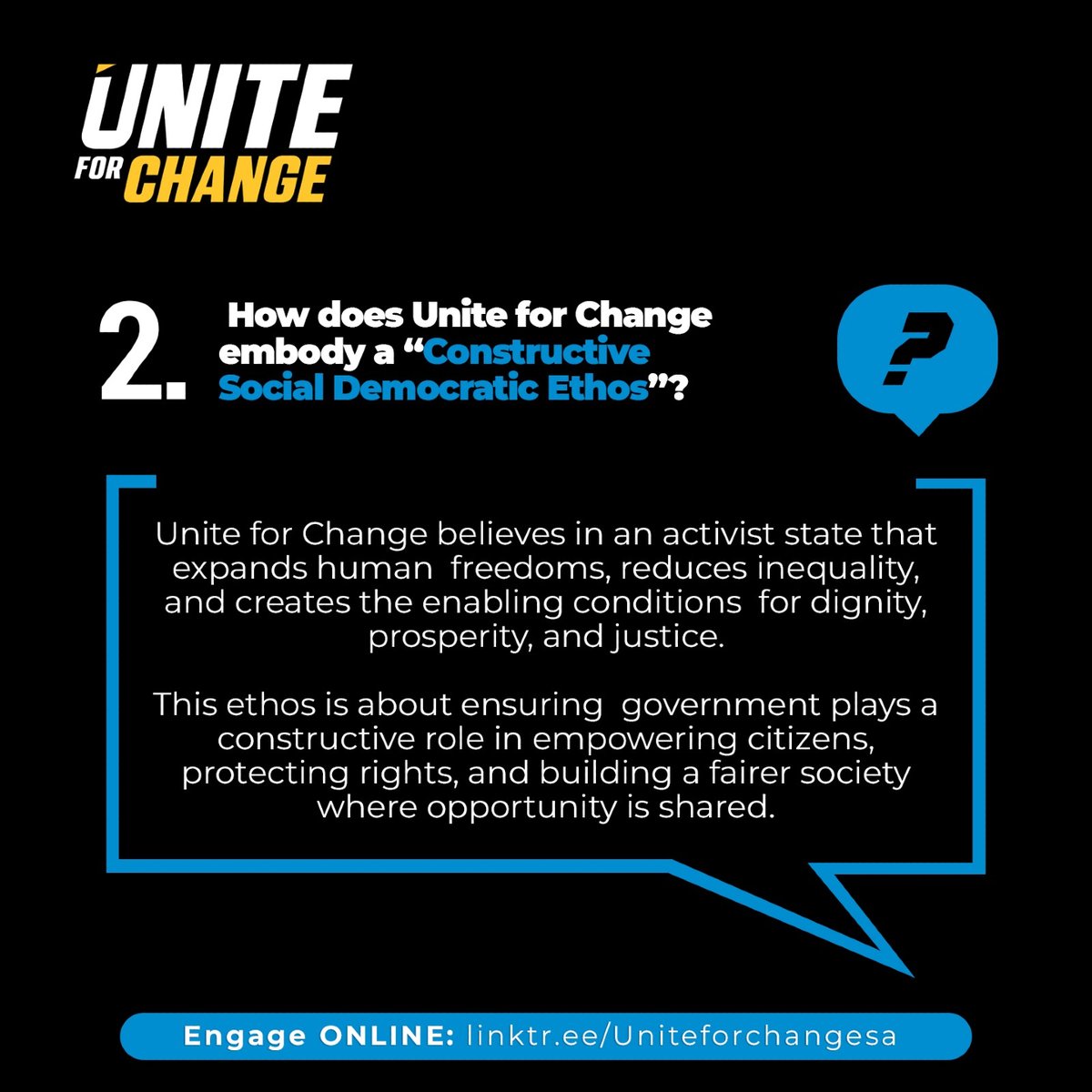 Unite4ChangeZA's tweet image. Our belief in an activist state that is focused on:
• Expanding human freedoms.
• Reducing inequality.
• Creating conditions for dignity, prosperity, and justice.

It&apos;s about government playing a constructive role in empowering citizens and building a fairer society.…