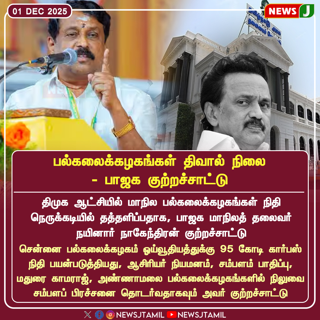 NewsJTamil's tweet photo. பல்கலைக்கழகங்கள் திவால் நிலை - பாஜக குற்றச்சாட்டு
#UniversityCrisis #BJPStatement #TNPolitics #DMKRule #FinancialCrunch #EducationSector #newsj https://t.co/9LVsDblKxo