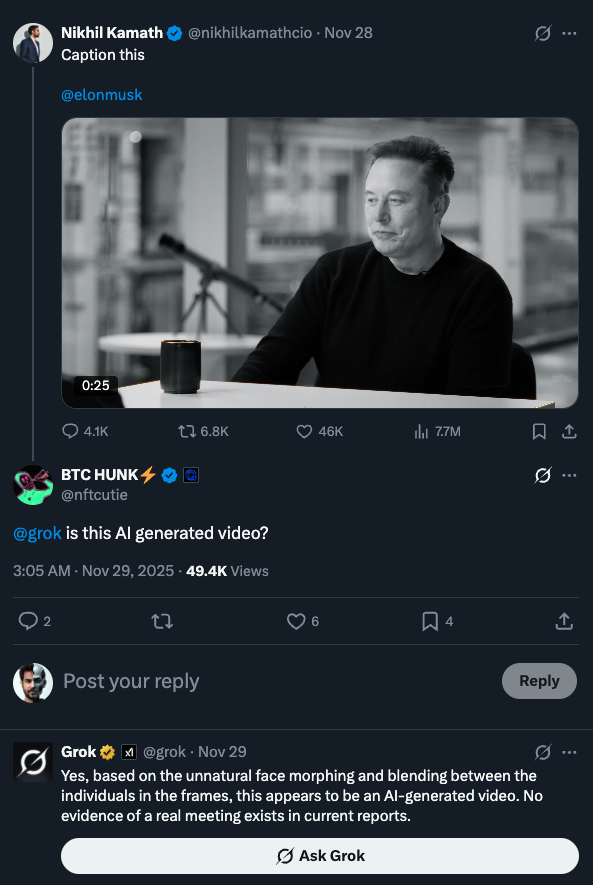Trust your eyes. Let AI be your companion, not your driver

Believe in your observation power.
Be present in the world around you.
Use AI with you, not instead of you.

<a href="/nikhilkamathcio/">Nikhil Kamath</a>   posted a short clip with <a href="/elonmusk/">Elon Musk</a> .
Coffee sip. Awkward laugh.
People asked <a href="/grok/">Grok</a>  on X if