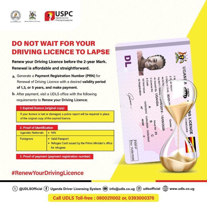 UDLSOfficial's tweet image. Immediate  renewal of your Driving Licence is advised. Don&apos;t wait too long for your Driving Licence to expire.
Visit udls.co.ug/renewing-a-dri……… for more information on renewal. For inquiries call 0800211002 toll-free Or, 0393000376. 

#RenewYourDrivingLicence