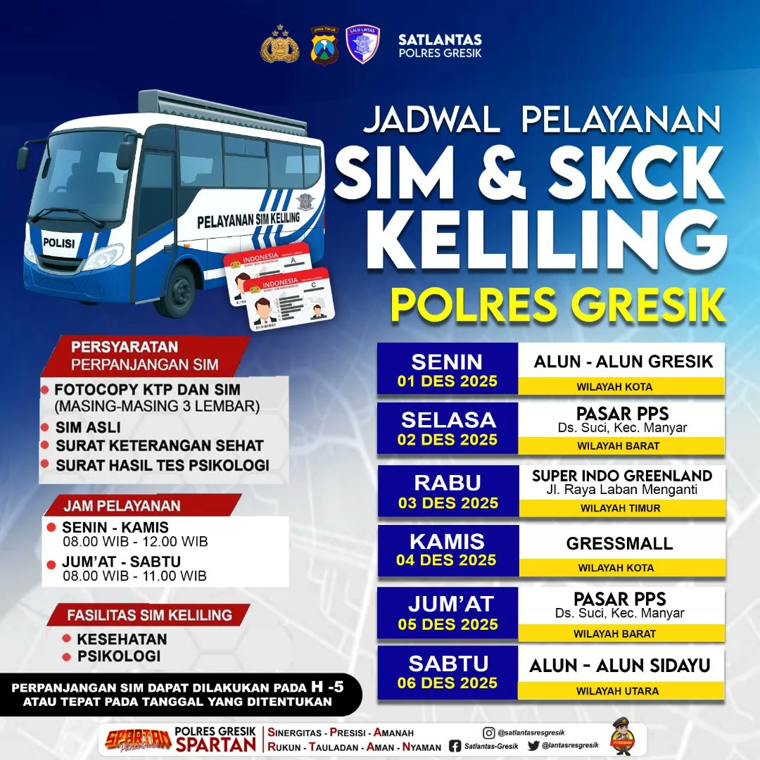 SekPangkahGrs's tweet image. Hallo Rekk!! Jadwal Sim Keliling untuk pekan ini (1 Desember - 6 Desember 2025) sudah keluar. Catat tanggal dan lokasinya, ya! Jangan sampai kelewatan, ya☺️ #simkelilinggresik #gresik #satlantaspolresgresik #polresgresik