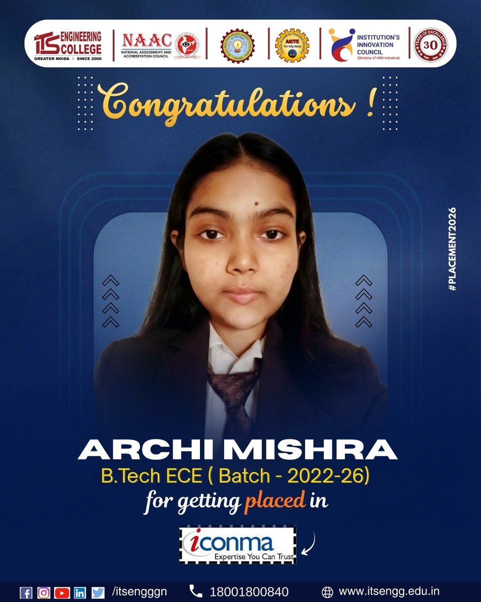 ITSEngggn's tweet image. ✨ Congratulations to our student from B.Tech (ECE, Batch 2022–26) for getting placed in Iconma!
Your hard work and dedication have truly paid off.
Wishing you success and new beginnings ahead! 🌟💼

#ITSEngineeringCollege #Placement2026 #CampusPlacement
