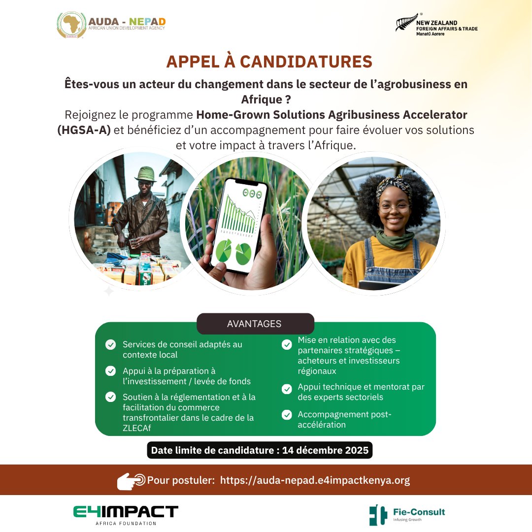 E4ICenterKenya's tweet image. Avez-vous déjà postulé au programme Home-Grown Solutions Agribusiness Accelerator (HGSA-A) ? Saisissez cette chance pour faire avancer votre innovation et renforcer votre impact en Afrique.
Postulez : auda-nepad.e4impactkenya.org
#HGSA_A @NEPAD_Agency @MFATNZ @E4impactRwanda