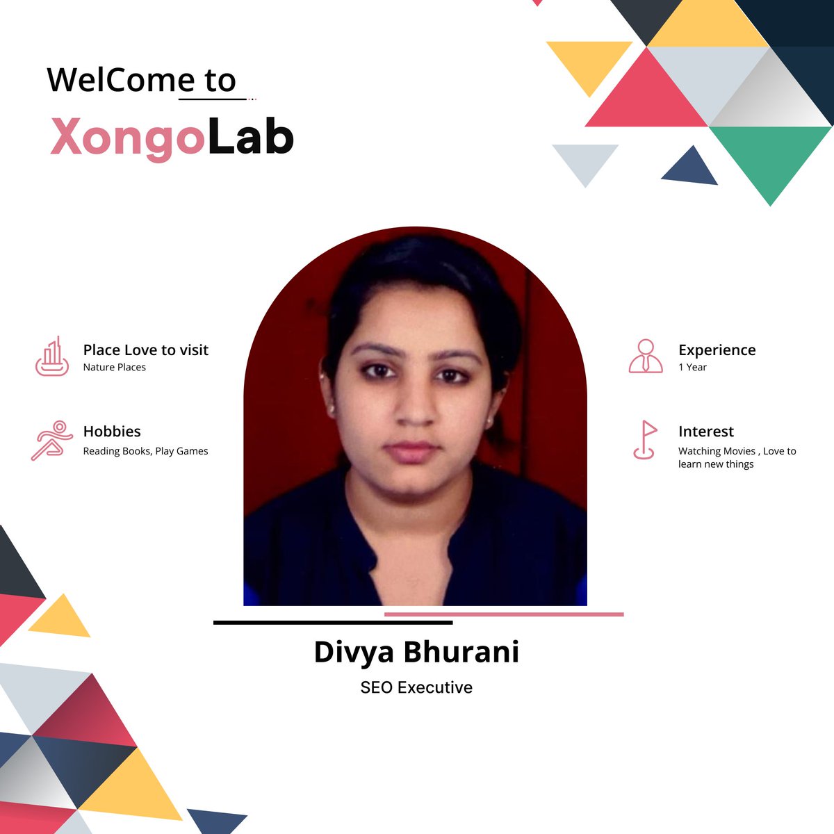 XongoLab's tweet image. Welcome aboard, Divya Bhurani.

We’re excited to have you join XongoLab and truly appreciate you bringing your skills, experience, and positive energy to our team. Here’s to new beginnings, meaningful growth &amp;amp; great things ahead.

#WelcomeAboard #XongoLab #TeamXongoLab #NewJoiner