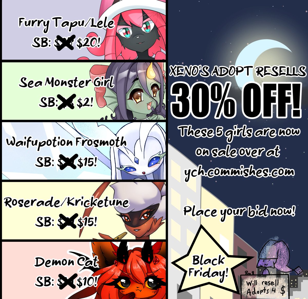 The next 24 hours are the last of my Black Friday offer! Get one of my Adopt Resells for 50% now, or buy one full price adopt and get another free! DM me if interested!
#adopt #adoptable #resell #auction #sale #anthro #furry #pokemon
ych.commishes.com/user/XXXenomat…