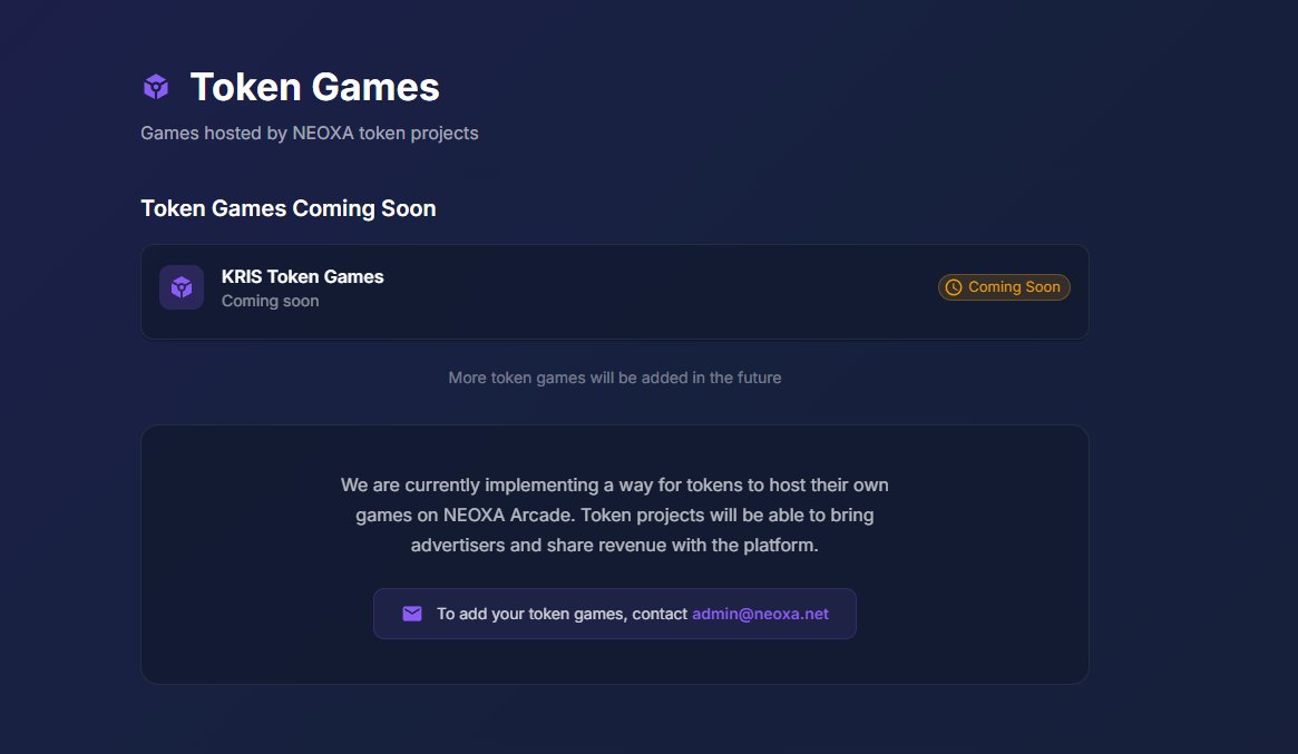 NeoxaNet's tweet photo. We are currently implementing a way for tokens on Neoxa to host their own games on the Neoxa Gaming Platform. 

@KRIStokenGaming will be the first token to have games on https://t.co/tjx2aP6SfW

Users will be able to earn $KRIS and $NEOX with these games. https://t.co/XAZVMJfajC