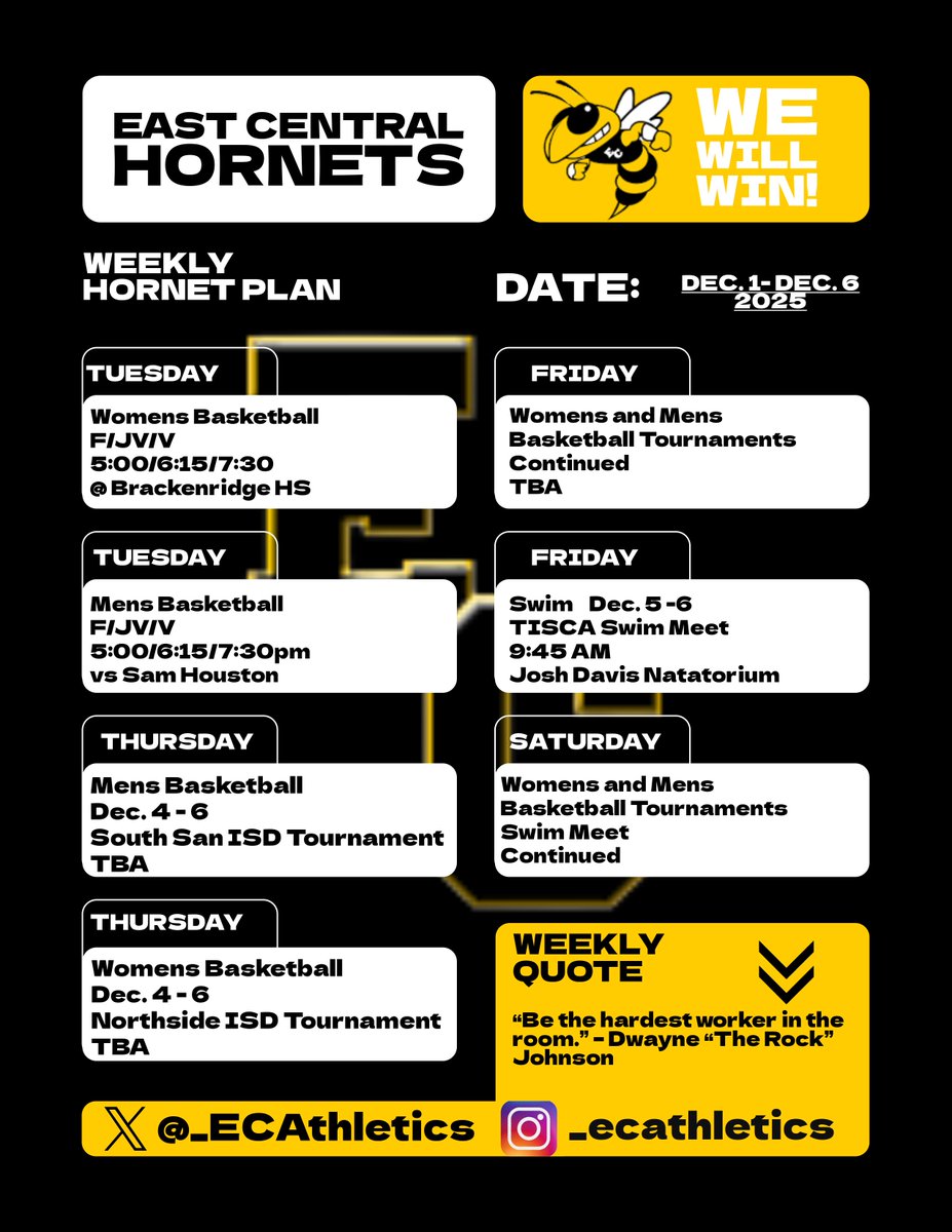 _ECAthletics's tweet image. Buzzing into a packed week! 🐝

From hoops to swim meets, our Hornets are bringing the energy Dec. 2-6. Check the schedule &amp;amp; show your support! Let&apos;s win this week together. 💪
@ECISDTweets @ArriolaSuzette @MaggiWelham @Joehubb74
#EastCentralHornets #GoHornets #ECAthletics