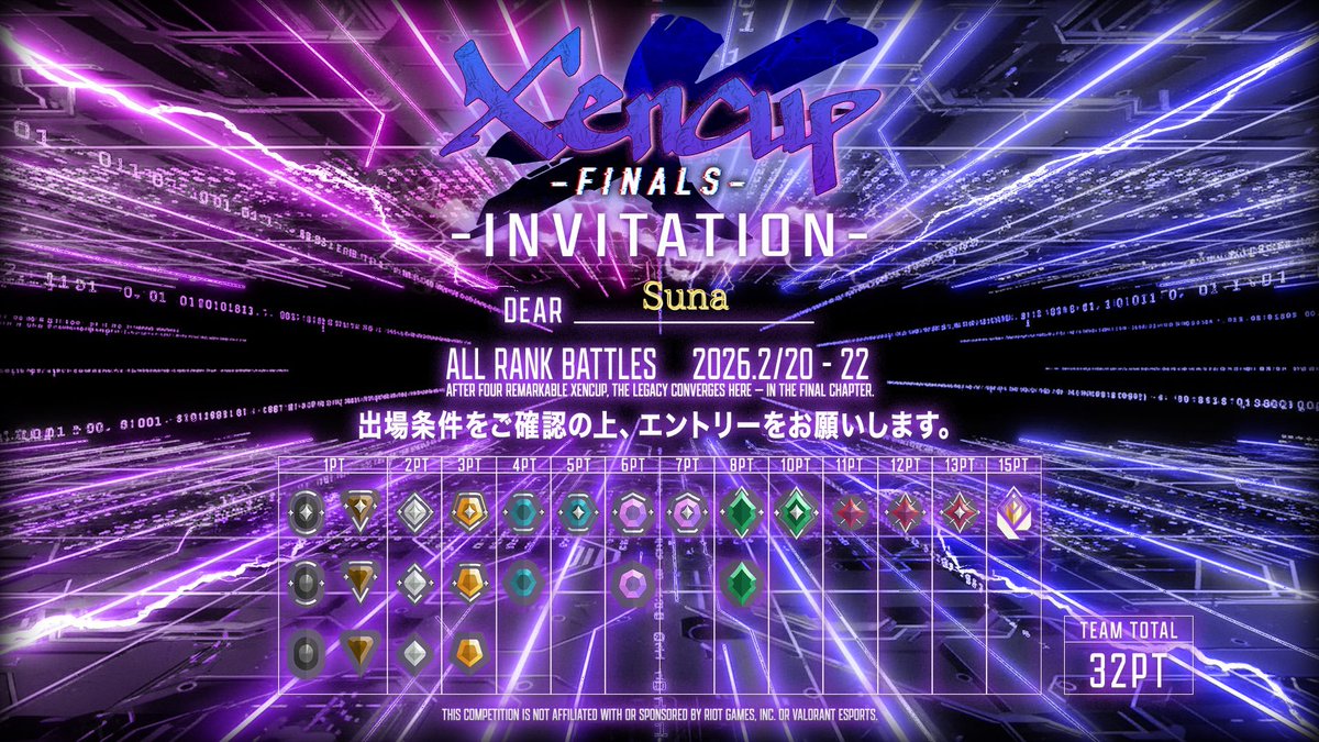 【報告】
この度 #XENCUP 様 に ご招待していただきました！✨

【募集】🙌
・活動者
・最高ランク アセンダント or ダイヤ の方(ランクはEP5以降)
・大会一緒に出てくれる方

上記に当てはまる方や興味ある方
リプ or DM ください！！！
最高ランク、明記してくれたらありがたいです！！！