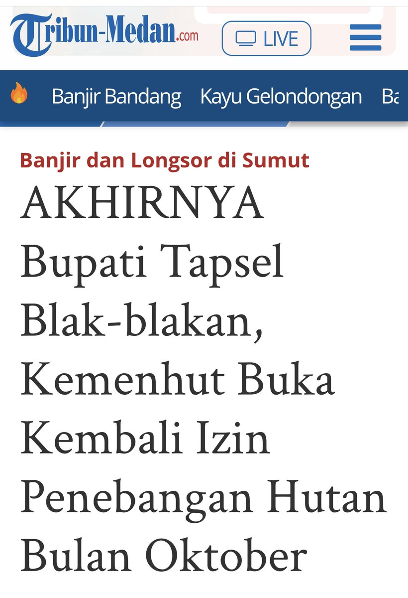 AKHIRNYA Bupati Tapsel Blak-blakan, Kemenhut Buka Kembali Izin Penebangan Hutan Bulan Oktober

Gus Irawan melayangkan surat pada 14 November ke Direktorat Pengelolaan Hutan Lestari Kemenhut. Isinya mengusulkan untuk menghentikan aktivitas penebangan hutan.

"Tapi pada sekitar