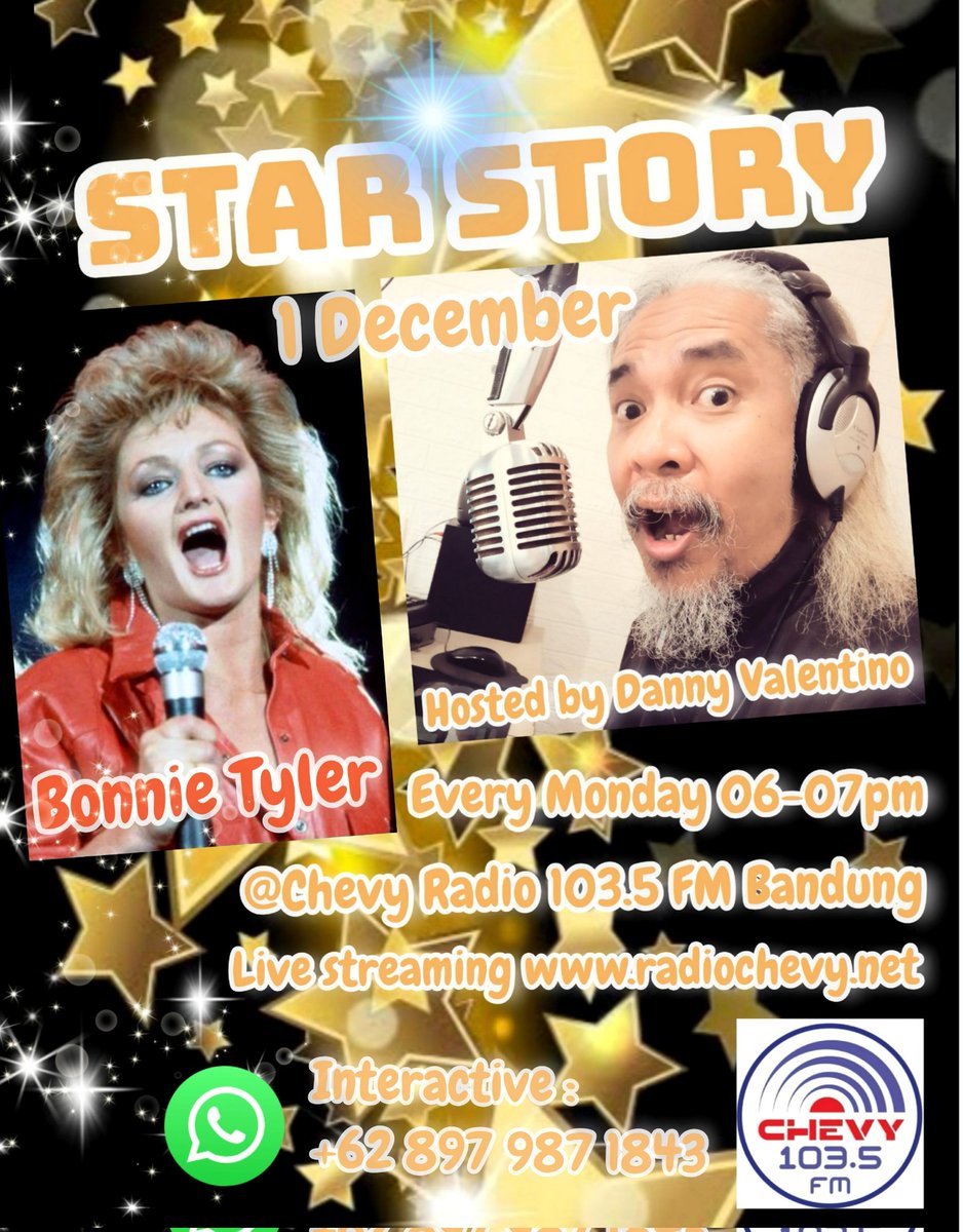 "STAR STORY" Monday 1 December 06-07 pm ⭐ BONNIE TYLER ⭐
Live audio streaming radiochevy.net 📲📲
Listen @ Chevy Radio 103.5 FM #Bandung 📻🎶😊
#bonnietyler #popmusic
