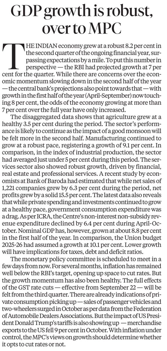 Rajmalhotrachd's tweet image. 🏦 “GDP Robust – Over to MPC”

With real growth &amp;gt;8% and inflation below target for months, commentary asks: should MPC now cut rates, hold, or stay hawkish? GST cuts add growth impulse; US tariffs and global headwinds add uncertainty.
#RBI #MPC #MonetaryPolicy #GS3 📈

What UPSC…