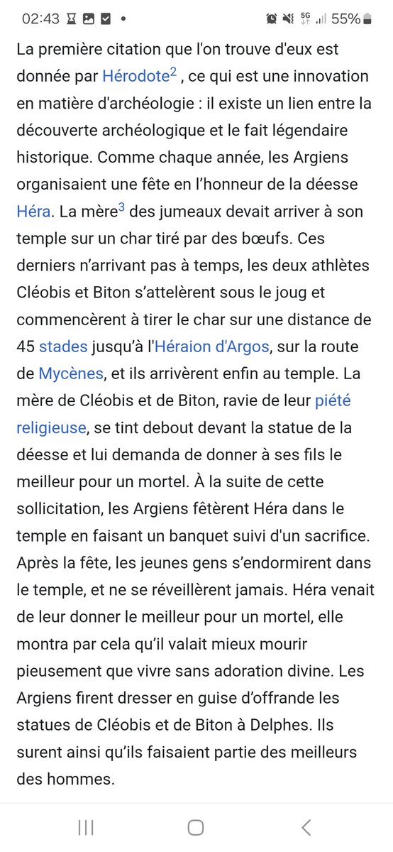 L'histoire de Cléobis et Biton est assez intrigante, cela m'étonne beaucoup d'une religion païenne antique. On dirait une idée très chrétienne : le meilleur pour un mortel est de mourir en état de grâce.