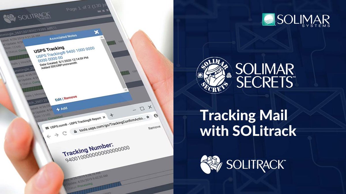 SolimarSystems's tweet image. Mail visibility shouldn't end at the loading dock. SOLitrack's mail tracking extends piece-level visibility from print floor to mailbox—giving customer service real answers, not guesses. #MailTracking #PrintProduction 
Learn more: buff.ly/IiAoviS 
#Tracking #Print