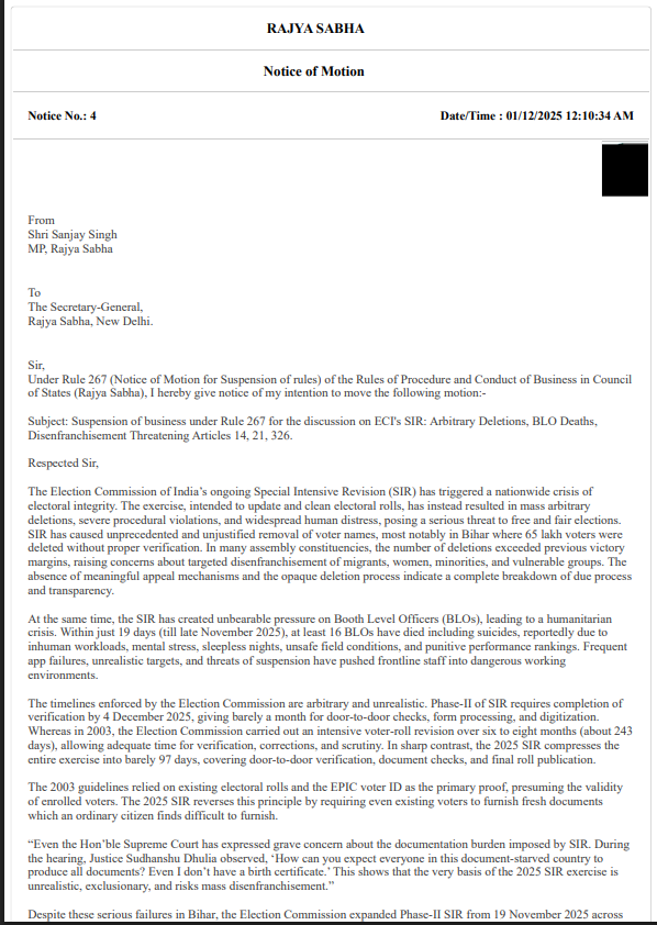 ANI's tweet image. AAP MP Sanjay Singh has given a suspension of Business Notice under rule 267 in Rajya Sabha and demanded a discussion on ECI&apos;s SIR: Arbitrary Deletions, BLO Deaths, Disenfranchisement Threatening Articles 14, 21, 326.