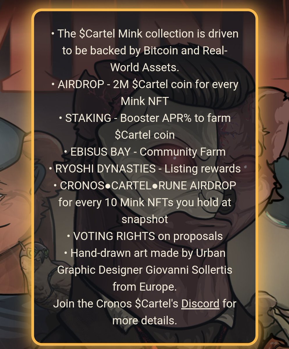 Great opportunity here to land a LEGENDARY or RARE Mink NFT! 

The <a href="/CronosCartel/">Cronos $Cartel</a> Mint is already at almost 50%. Check the allow list and mint yours today. 

Just look at all the perks! 
#cro $CRO