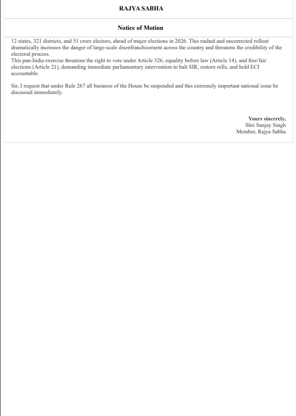 ANI's tweet image. AAP MP Sanjay Singh has given a suspension of Business Notice under rule 267 in Rajya Sabha and demanded a discussion on ECI&apos;s SIR: Arbitrary Deletions, BLO Deaths, Disenfranchisement Threatening Articles 14, 21, 326.