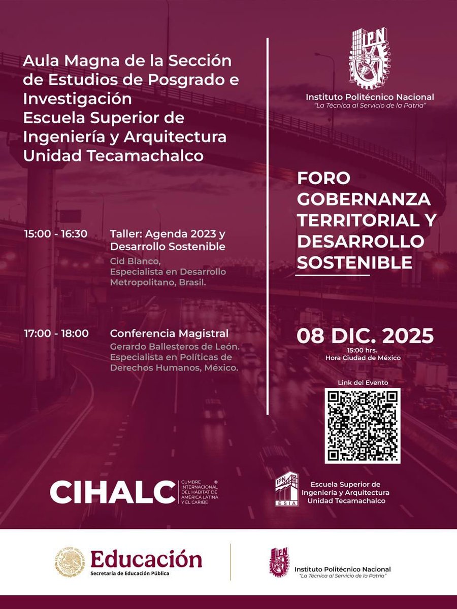 La <a href="/ipn_esiatec/">ESIA Tecamachalco</a> invita al Foro Gobernanza Territorial y Desarrollo Sostenible este 8 de diciembre, 15:00 hrs. Habrá Taller con Cid Blanco y Conferencia Magistral con Gerardo Ballesteros.
🔗Link en el QR
Únete al diálogo 🌱
#IPN #CIHALC #GobernanzaTerritorial #DesarrolloSostenible